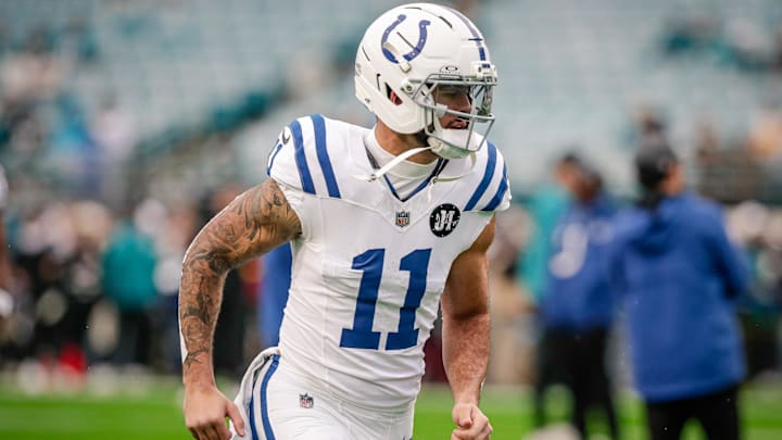 Dec 7, 2025; Jacksonville, Florida, USA;Indianapolis Colts wide receiver Michael Pittman Jr. (11) warms up before an NFL game against the Jacksonville Jaguars at EverBank Stadium. Mandatory Credit: Travis Register-Imagn Images