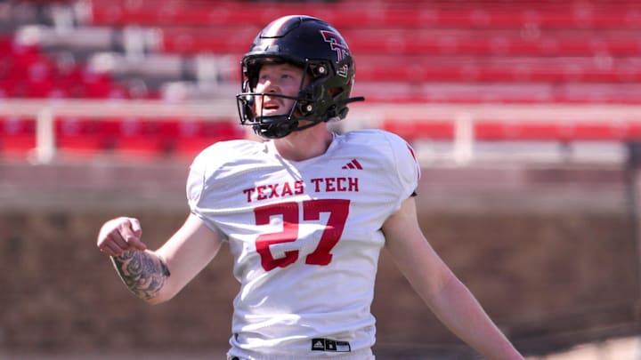Texas Tech Upton Bellenfant watches his kick during spring football practice, Tuesday, April 15, 2025, at Jones AT&T Stadium.