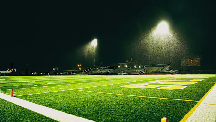 The field can be seen empty at halftime during a football game in the aftermath of Hurricane Helene in the rain on Friday, Sept. 27, 2024 in Memphis, Tenn.
