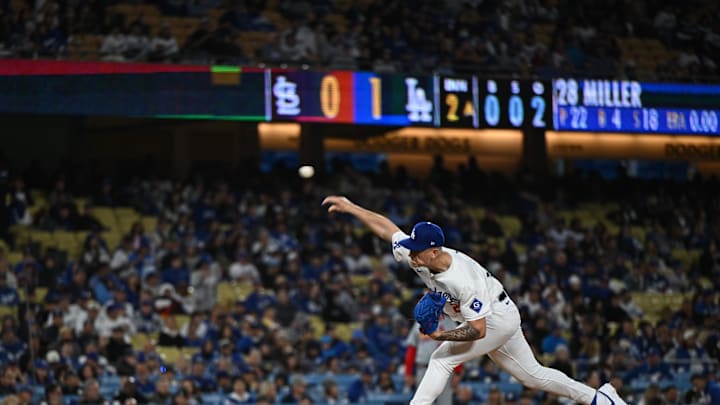 Mar 29, 2024; Los Angeles, California, USA; Los Angeles Dodgers starting pitcher Bobby Miller (28) throws a pitch against the St. Louis Cardinals during the second inning at Dodger Stadium. Mandatory Credit: Jonathan Hui-Imagn Images Mar 29, 2024; Los Angeles, California, USA; Los Angeles Dodgers starting pitcher Bobby Miller (28) throws a pitch against the St. Louis Cardinals during the second inning at Dodger Stadium. Mandatory Credit: Jonathan Hui-Imagn Images