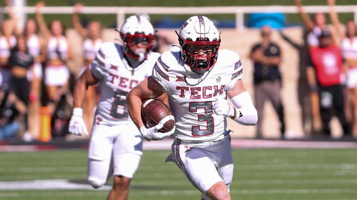 Texas Tech's Coy Eakin runs after a catch against BYU during a Big 12 Conference football game, Saturday, Nov. 8, 2025, at Jones AT&T Stadium. Texas Tech's Coy Eakin runs after a catch against BYU during a Big 12 Conference football game, Saturday, Nov. 8, 2025, at Jones AT&T Stadium.