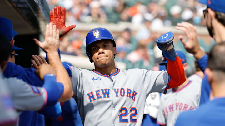 Sep 3, 2025; Detroit, Michigan, USA;  New York Mets outfielder Juan Soto (22) receives congratulations from teammates after he scores a run in the sixth inning against the Detroit Tigers at Comerica Park. Mandatory Credit: Rick Osentoski-Imagn Images