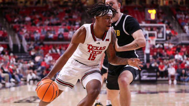 Texas Tech's JT Toppin handles the ball against Arkansas-Pine Bluff during a non-conference basketball game, Monday, Nov. 18, 2024, at United Supermarkets Arena.
