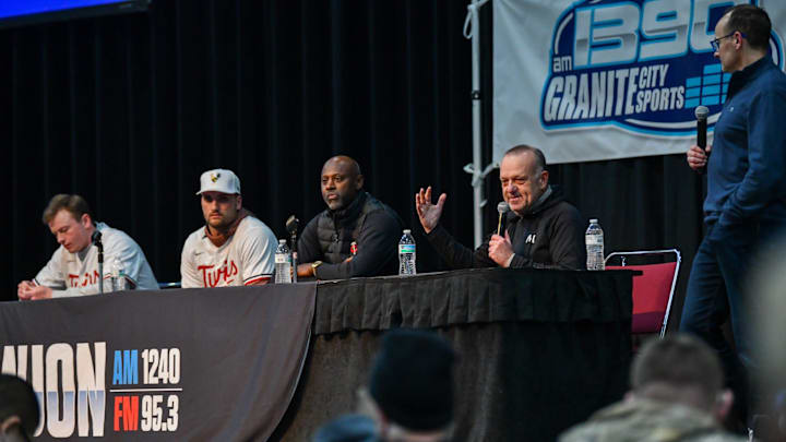 Minnesota Twins President Dave St. Peter answers a question during a visit to St. Cloud for the Twins Winter Caravan on January 29 at the River's Edge Convention Center. (From left) Louie Varland, Matt Wallner, LaTroy Hawkins and St. Peter signed autographs, gave out raffle prizes and answered questions for fans gathered at the event.