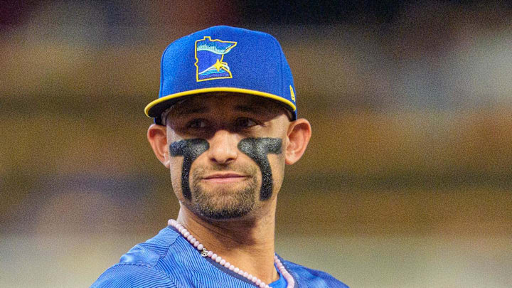 Sep 12, 2025; Minneapolis, Minnesota, USA; Minnesota Twins third base Royce Lewis (23) during a stoppage in play against the Arizona Diamondbacks in the sixth inning at Target Field. Mandatory Credit: Matt Blewett-Imagn Images