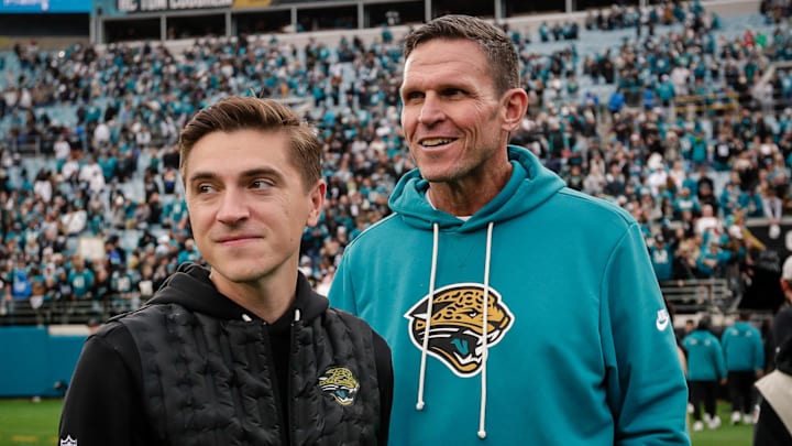 Jan 4, 2026; Jacksonville, Florida, USA; Jacksonville Jaguars executive vice president of football operations Tony Boselli and general manager James Gladstone look on after the game against the Tennessee Titans at EverBank Stadium. Mandatory Credit: Travis Register-Imagn Images