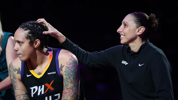 Phoenix Mercury guard Diana Taurasi (3) grabs Phoenix Mercury center Brittney Griner's (42) head during the 2014 Phoenix Mercury championship team reunion on Friday, Sept. 13, 2024 at Footprint Center in Phoenix.
