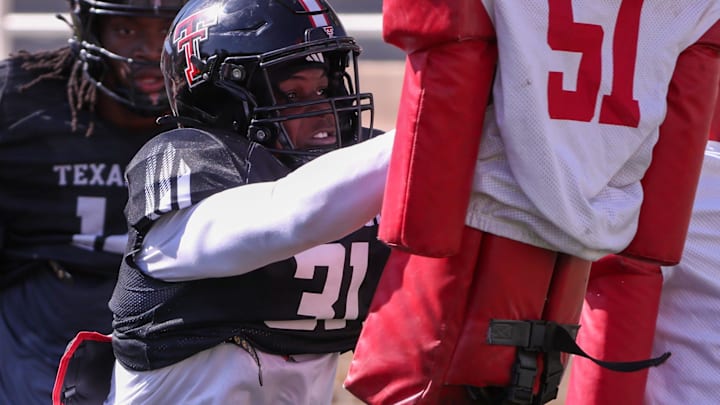 Texas Tech's David Bailey goes through a drill during spring football practice, Tuesday, April 15, 2025, at Jones AT&T Stadium.