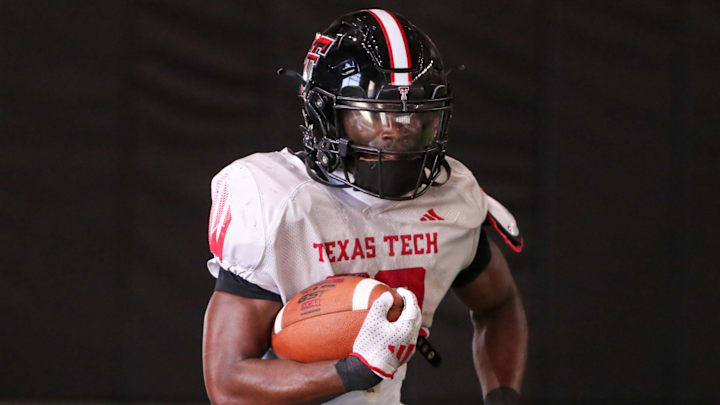 Texas Tech's J'Koby Williams goes through a drill during spring football practice, Tuesday, April 8, 2025, at the Womble Football Center