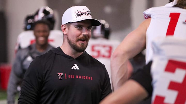 Texas Tech offensive coordinator mack Leftwich talks to players during spring football practice, Monday, March 10, 2025, at the Womble Football Center.
