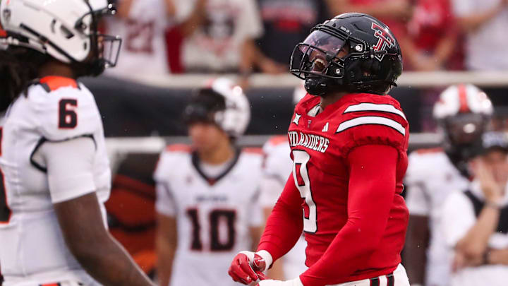 Texas Tech's Romello Height reacts to a play against Oregon State during a non-conference football game, Saturday, Sept. 13, 2025, at Jones AT&T Stadium.