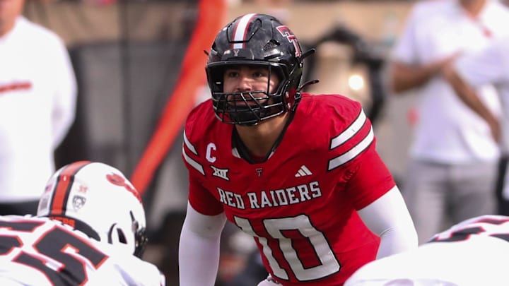 Texas Tech's Jacob Rodriguez scans the Oregon State offense during a non-conference football game, Saturday, Sept. 13, 2025, at Jones AT&T Stadium.