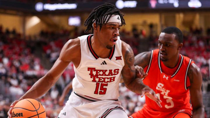 Texas Tech's JT Toppin handles the ball against Sam Houston during a non-conference men's basketball game, Friday, Nov. 7, 2025, at United Supermarkets Arena.