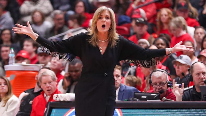 Texas Tech coach Krista Gerlich reacts to a play during a Big 12 Conference women's basketball game, Saturday, Jan. 17, 2026, in United Supermarkets Arena.