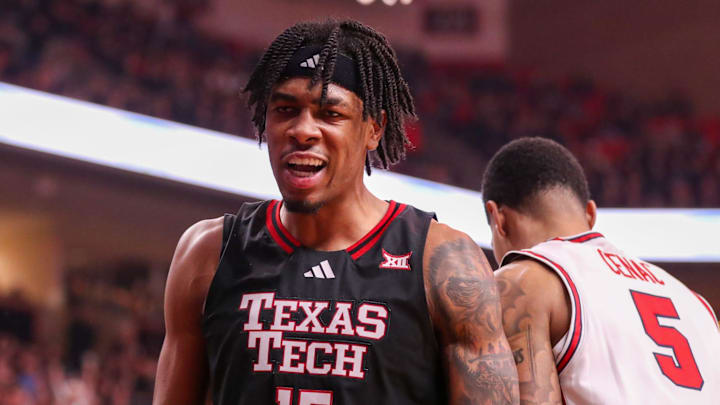 Texas Tech's JT Toppin reacts to drawing a foul on a basket against Houston.