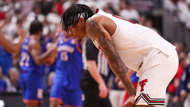 Texas Tech's JT Toppin crouches dejectedly after Kansas finished off a 64-61 win in a Big 12 Conference men's basketball game, Monday, Feb. 2, 2026 at United Supermarkets Arena. Texas Tech's JT Toppin crouches dejectedly after Kansas finished off a 64-61 win in a Big 12 Conference men's basketball game, Monday, Feb. 2, 2026 at United Supermarkets Arena.