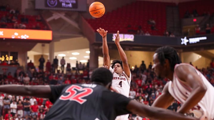 Texas Tech's Christian Anderson shoots a 3-pointer against Cincinnati during a Big 12 Conference men's basketball game, Tuesday, Feb. 24, 2026, in United Supermarkets Arena.