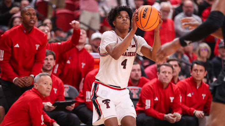 Texas Tech's Christian Anderson prepares to shoot against Cincinnati during a Big 12 Conference men's basketball game, Tuesday, Feb. 24, 2026, in United Supermarkets Arena.