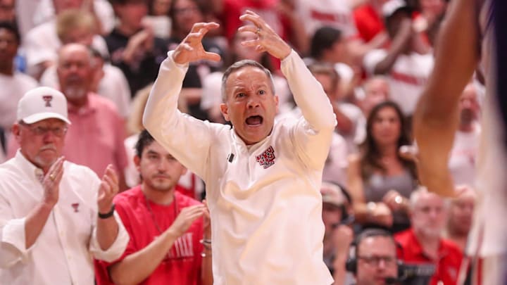 Texas Tech head coach Grant McCasland gestures to his team against TCU during a Big 12 Conference men's basketball game, Tuesday, March 3, 2026, in United Supermarkets Arena.