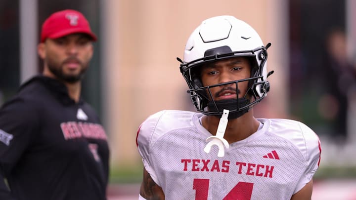 Texas Tech's Micah Hudson goes through a drill as the Red Raiders practice ahead of the Orange Bowl College Football Playoff game, Saturday, Dec. 27, 2025, at the Womble Football Center.
