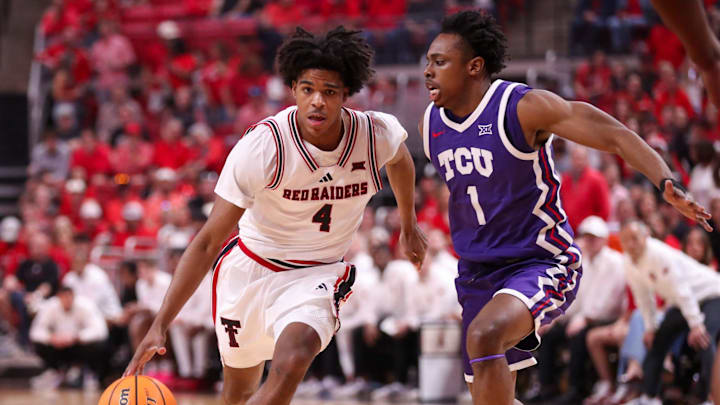 Texas Tech's Christian Anderson handles the ball against TCU during a Big 12 Conference men's basketball game, Tuesday, March 3, 2026, in United Supermarkets Arena.