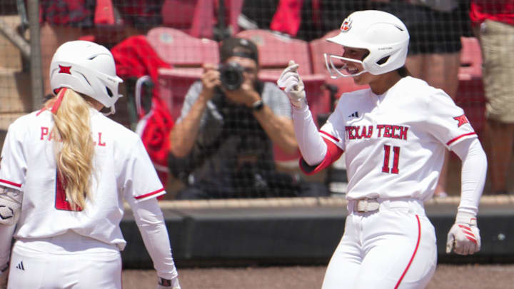 Texas Tech's Lauren Allred celebrates her home run against Baylor during a Big 12 Conference softball game, Saturday, May 2, 2026, at Tracy Sellers Field.