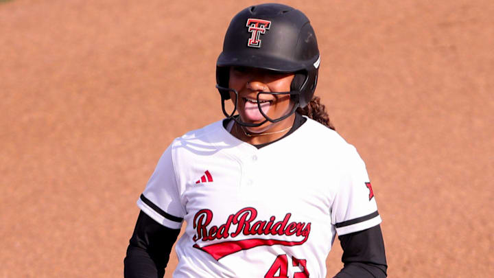 Texas Tech's Mihyia Davis reacts to her home run to complete the cycle against UT-Arlington during a non-conference Division I softball game, Wednesday, April 23, 2025, at Rocky Johnson Field.