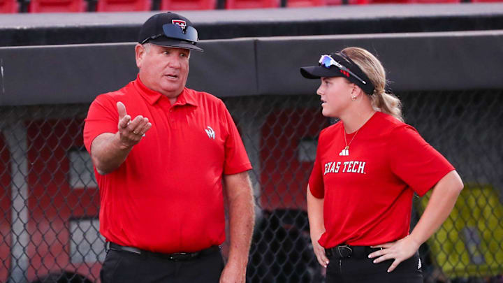 Texas Tech head coach Gerry Glasco talks to Taylor Pannell during a intrasquad softball scrimmage, Tuesday, Oct. 14, 2025, at Rocky Jonson Field.
