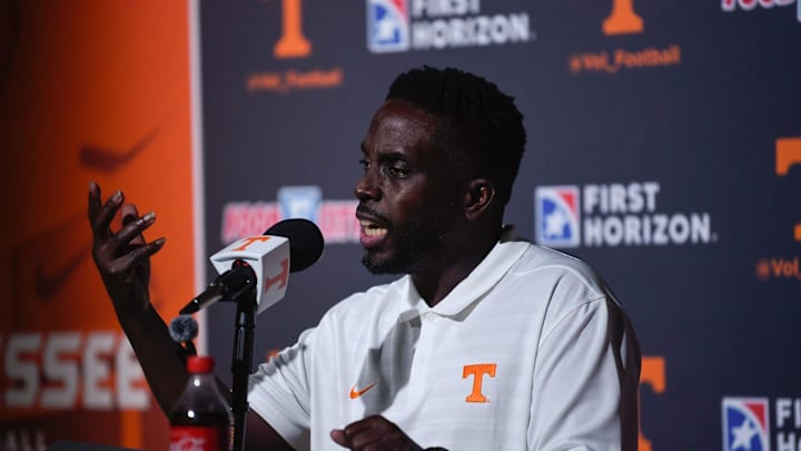 University of Tennessee football's defensive coordinator Tim Banks speaks to the press on media day at the campus in Knoxville, Tuesday, July 30, 2024.