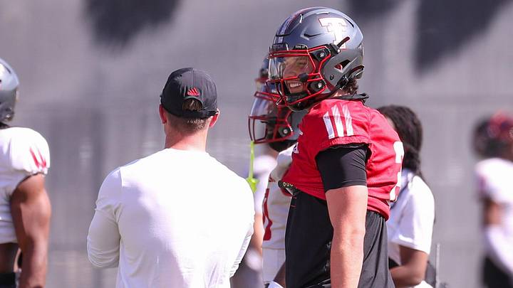 Texas Tech's Brendan Sorsby looks on during spring football practice, Thursday, March 26, 2026, at the Womble Football Center.