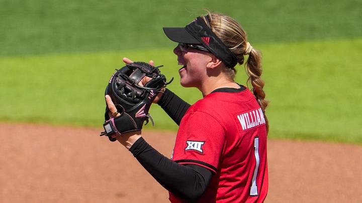 Texas Tech's Mia Williams reacts to a play against Ole Miss during the Lubbock Regional of the NCAA Division I softball tournament, Sunday, May 17, 2026, at Tracy Sellers Field. Texas Tech's Mia Williams reacts to a play against Ole Miss during the Lubbock Regional of the NCAA Division I softball tournament, Sunday, May 17, 2026, at Tracy Sellers Field.
