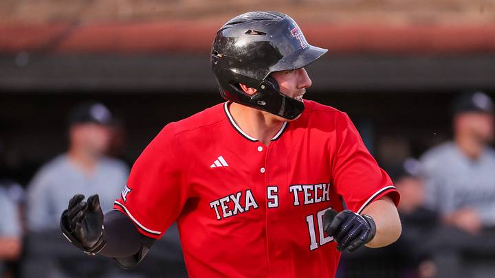 Texas Tech's Logan Hughes runs to first after an at-bat against Abilene Christian during a non-conference Division I baseball game, Tuesday, March 31, 2026, at Rip Griffin Park.