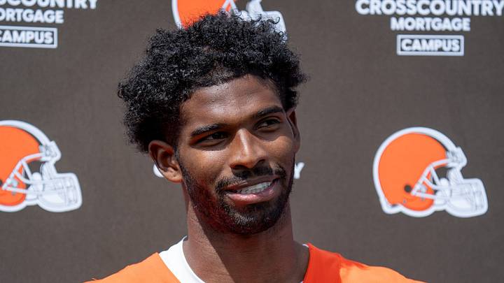 Shedeur Sanders answers media questions at the end of the Browns mini camp in Berea on April 21, 2026.