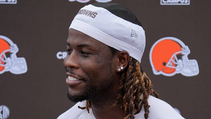 Jerry Jeudy speaks with media following the Browns OTA in Berea on May 27, 2026.