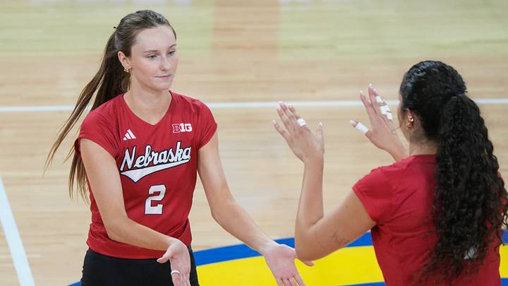 Nebraska Cornhuskers Bergen Reilly (2) high fives her teammate while playing against the South Dakota State Jackrabbits on Wednesday, Sept. 2, 2026, at First Bank & Trust Stadium in Brookings, South Dakota. Nebraska Cornhuskers Bergen Reilly (2) high fives her teammate while playing against the South Dakota State Jackrabbits on Wednesday, Sept. 2, 2026, at First Bank & Trust Stadium in Brookings, South Dakota.