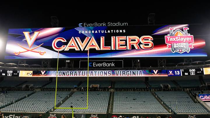 Dec 27, 2025; Jacksonville, FL, USA; Virginia Cavaliers win is shown on the scoreboard after defeating the Missouri Tigers at EverBank Stadium. Mandatory Credit: Travis Register-Imagn Images Dec 27, 2025; Jacksonville, FL, USA; Virginia Cavaliers win is shown on the scoreboard after defeating the Missouri Tigers at EverBank Stadium. Mandatory Credit: Travis Register-Imagn Images