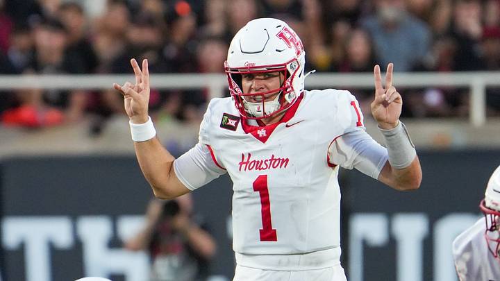 Houston's Conner Weigman gestures at the line of scrimmage against Texas Tech during a Big 12 Conference football game, Friday, Sept. 18, 2026, at Galaxy Stadium. Houston's Conner Weigman gestures at the line of scrimmage against Texas Tech during a Big 12 Conference football game, Friday, Sept. 18, 2026, at Galaxy Stadium.