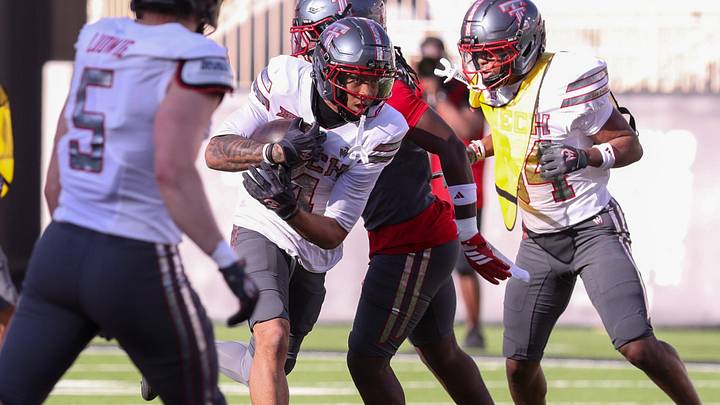 Kenny Johnson runs with the ball after a catch during the Texas Tech football team's spring game, Friday, April 17, 2026, at Jones AT&T Stadium. Kenny Johnson runs with the ball after a catch during the Texas Tech football team's spring game, Friday, April 17, 2026, at Jones AT&T Stadium.