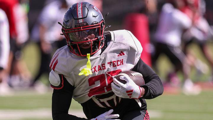 Texas Tech's J'Koby Williams goes through a drill during spring football practice, Thursday, April 9, 2026, at the Womble Football Center. Texas Tech's J'Koby Williams goes through a drill during spring football practice, Thursday, April 9, 2026, at the Womble Football Center.