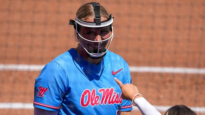 Ole Miss' Emilee Boyer talks with teammates before facing Texas Tech during the Lubbock Regional of the NCAA Division I softball tournament, Sunday, May 17, 2026, at Tracy Sellers Field. Ole Miss' Emilee Boyer talks with teammates before facing Texas Tech during the Lubbock Regional of the NCAA Division I softball tournament, Sunday, May 17, 2026, at Tracy Sellers Field.