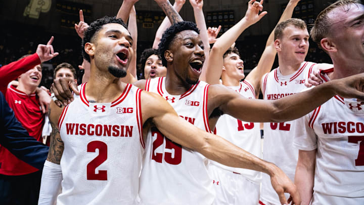 Nick Boyd (2), John Blackwell (25) and members of the Wisconsin Badgers celebrate their 97-93 victory at No.15 Purdue. Nick Boyd (2), John Blackwell (25) and members of the Wisconsin Badgers celebrate their 97-93 victory at No.15 Purdue.