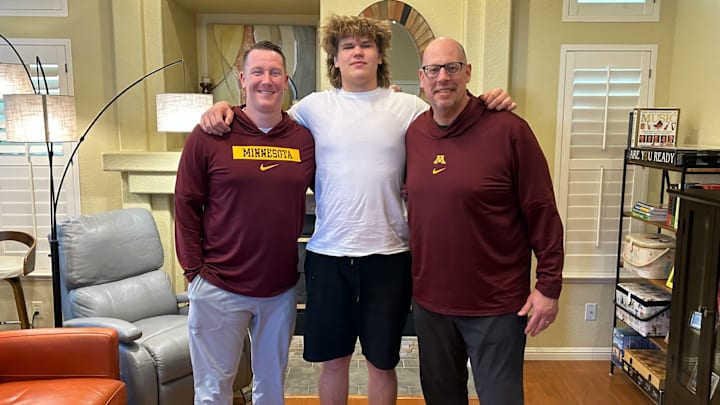 Gophers OC Greg Harbaugh Jr. (left) with Vlad Dyakonov (middle) and offensive line coach Brian Callahan (right)