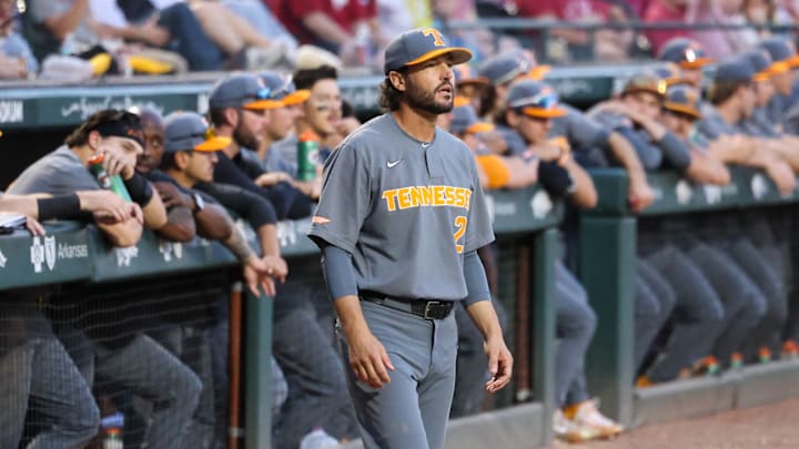 Tennessee Volunteers coach Tony Vitello during game against the Arkanss Razorbacks at Baum-Walker Stadium in Fayetteville, Ark.