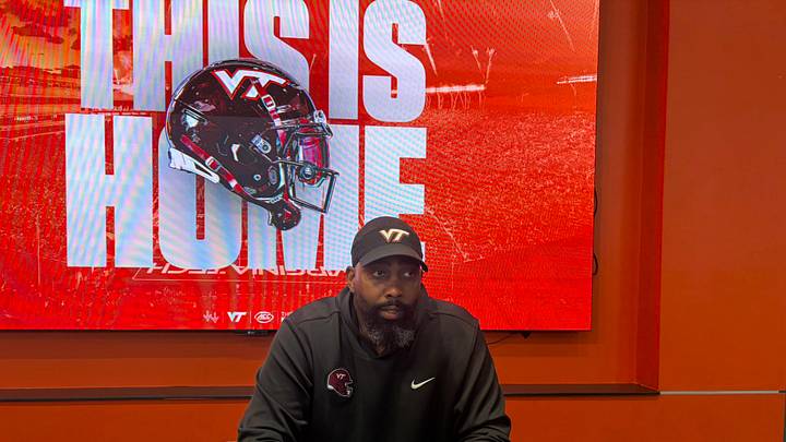 June 16, 2026; Virginia Tech wide receivers coach Fontel Mines talks to Virginia Tech On SI lead editor Thomas Hughes. June 16, 2026; Virginia Tech wide receivers coach Fontel Mines talks to Virginia Tech On SI lead editor Thomas Hughes.