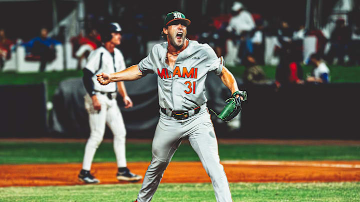 Miami Closing pitcher Will Smith celebrating after striking out an FAU Owl in the 9th Inning. Miami Closing pitcher Will Smith celebrating after striking out an FAU Owl in the 9th Inning.