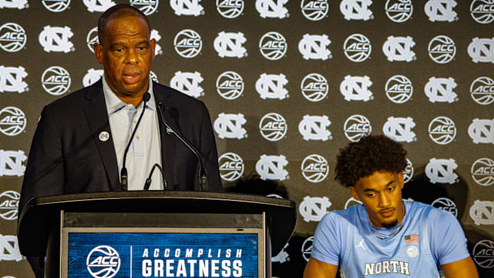 North Carolina head coach Hubert Davis and senior Seth Trimble at the 2025 ACC Tipoff