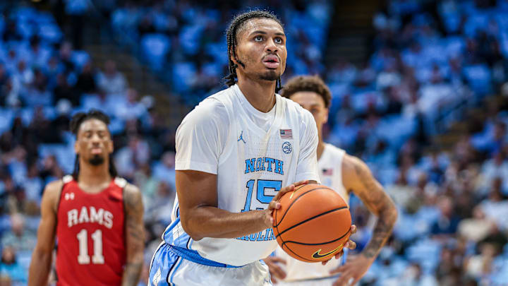 North Carolina forward Jarin Stevenson shooting a free throw during UNC's 95-53 win over Winston-Salem State in an exhibiton game on Oct. 29, 2025. North Carolina forward Jarin Stevenson shooting a free throw during UNC's 95-53 win over Winston-Salem State in an exhibiton game on Oct. 29, 2025.