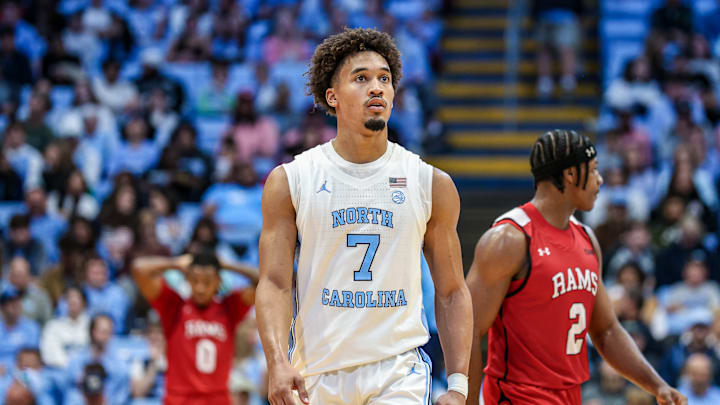 North Carolina guard Seth Trimble during UNC's 95-53 win over Winston-Salem State in an exhibition game on Oct. 29, 2025