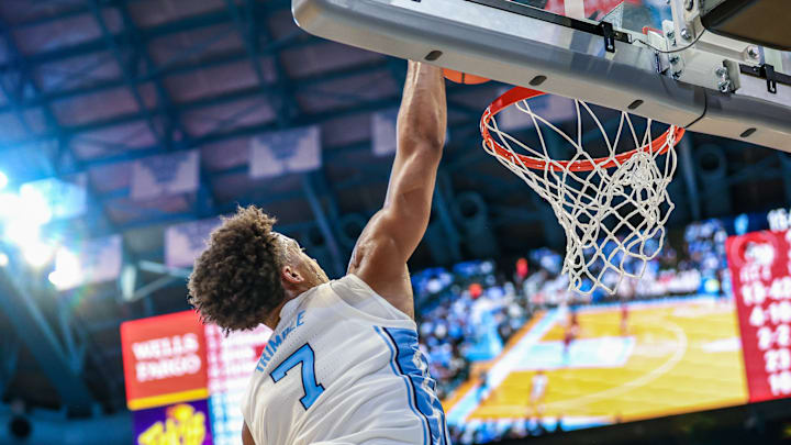 Seth Trimble throwing down a dunk during North Carolina's 95-53 win over Winston-Salem State in exhibition game on Oct. 29, 2025.