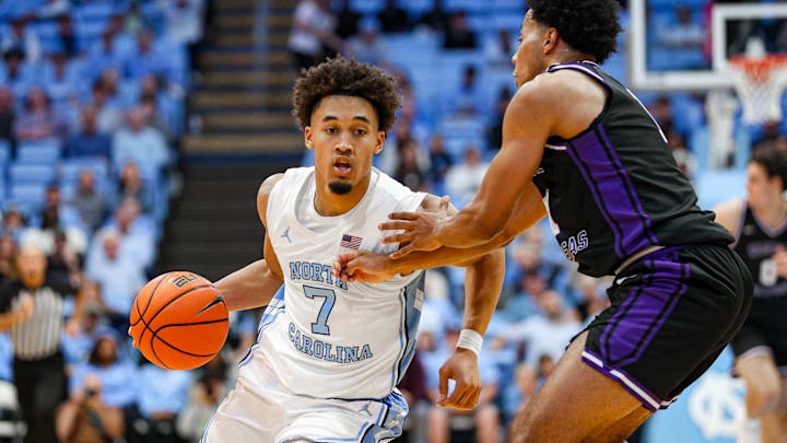 North Carolina guard Seth Trimble during a game against Central Arkansas. The Tar Heels won 94-54; Nov. 3, 2025